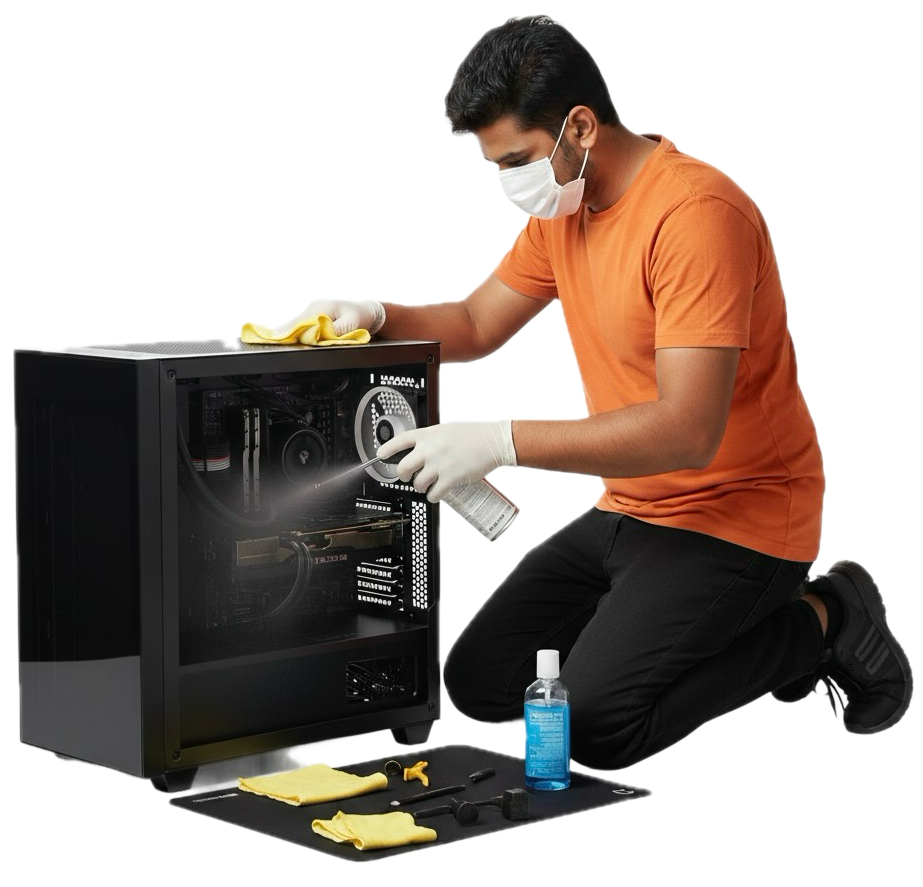 Technician deep cleaning a PC interior with tools on desk